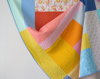 Quilted colorblock throw blanket, hand-stitched modern home decor