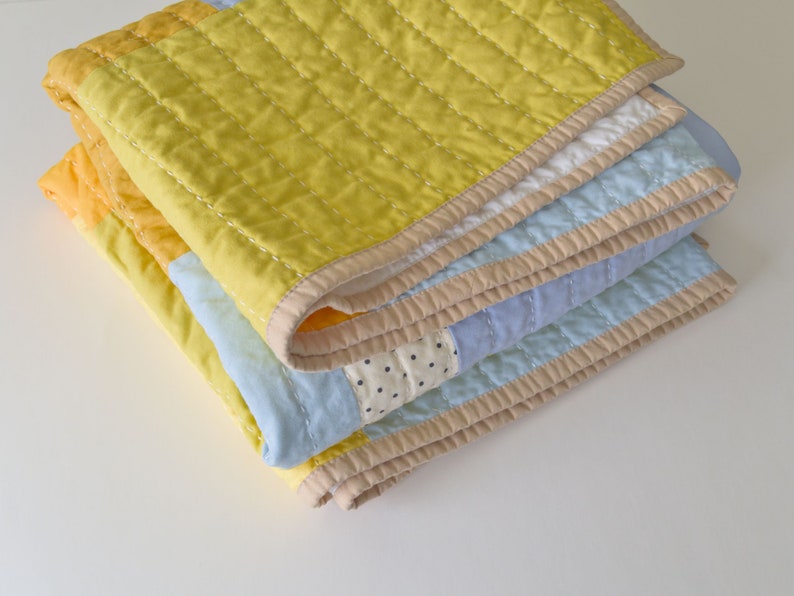 Yellow patchwork quilt, modern hand-quilted throw blanket image 4