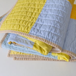 Yellow patchwork quilt, modern hand-quilted throw blanket image 3