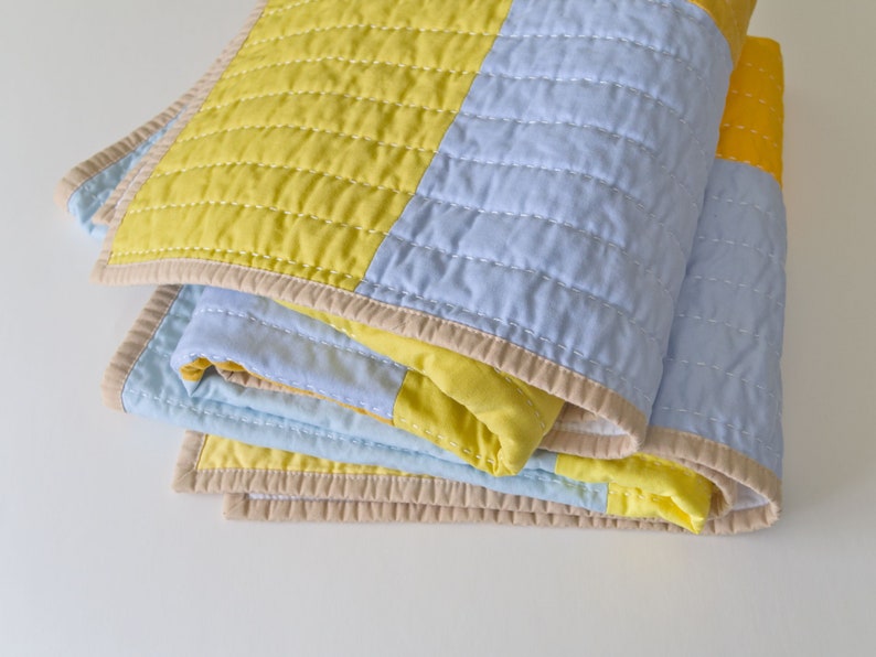 Yellow patchwork quilt, modern hand-quilted throw blanket image 3