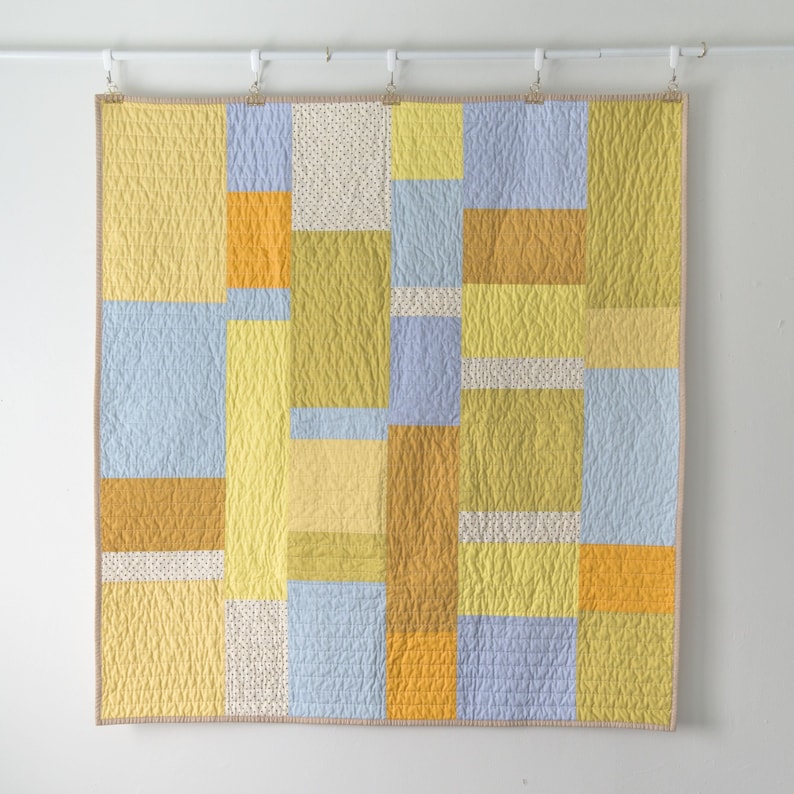 Yellow patchwork quilt, modern hand-quilted throw blanket image 1