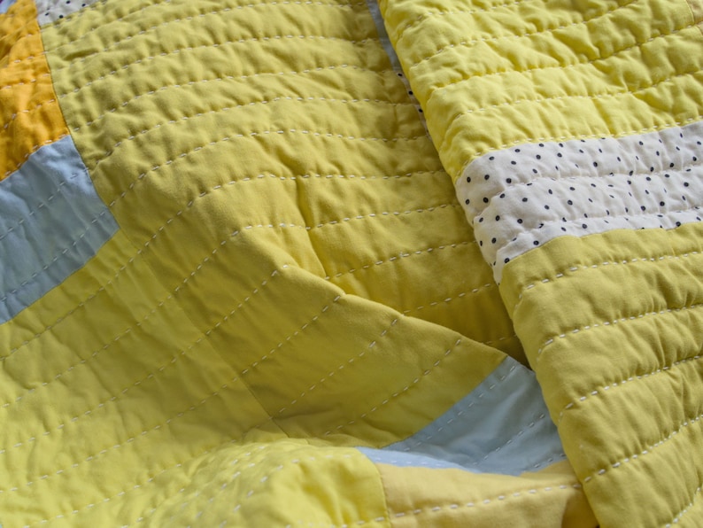 Yellow patchwork quilt, modern hand-quilted throw blanket image 5