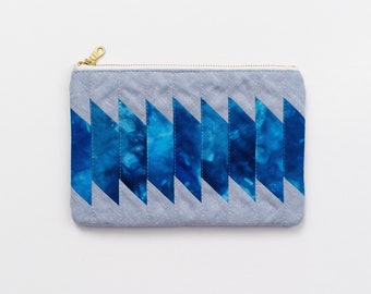 Hand-dyed quilted pouch, modern geometric patchwork, accessory bag for pens, pencils, cosmetics, craft notions