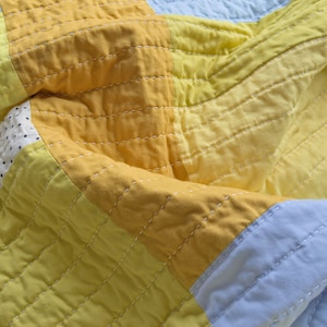 Yellow patchwork quilt, modern hand-quilted throw blanket image 7