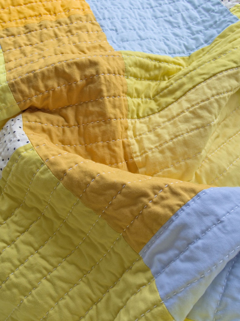 Yellow patchwork quilt, modern hand-quilted throw blanket image 7