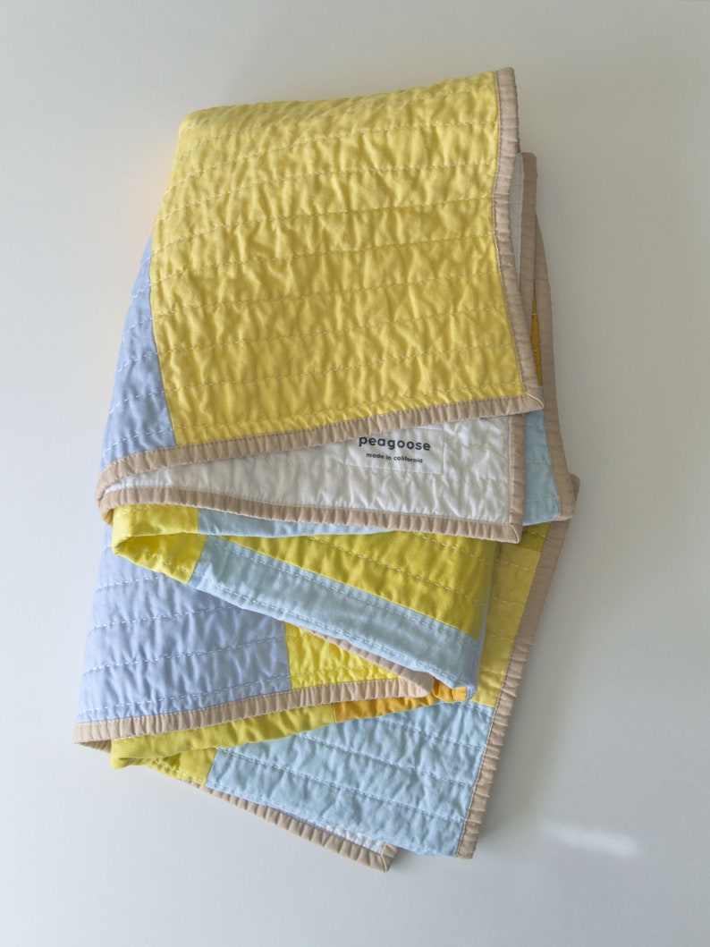 Yellow patchwork quilt, modern hand-quilted throw blanket image 2