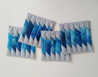 Modern quilted geometric coasters, set of 4, blue hand-dyed cotton, linen textile