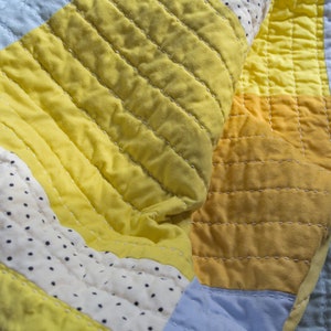 Yellow patchwork quilt, modern hand-quilted throw blanket image 9