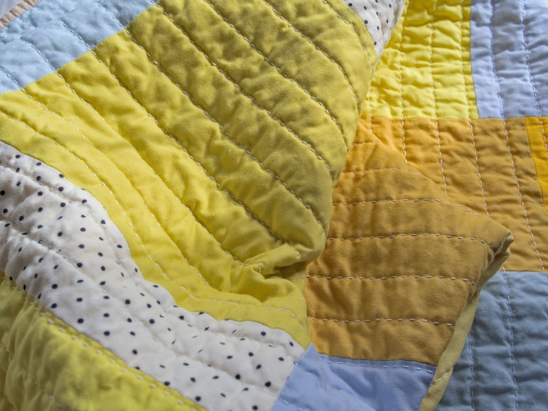 Yellow patchwork quilt, modern hand-quilted throw blanket image 9