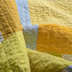 Yellow patchwork quilt, modern hand-quilted throw blanket image 8