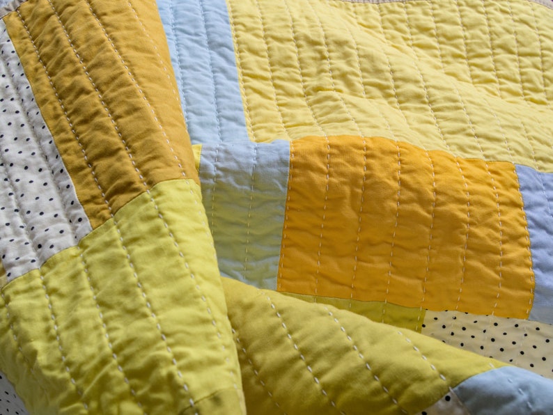 Yellow patchwork quilt, modern hand-quilted throw blanket image 8