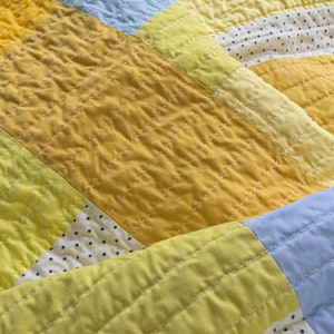 Yellow patchwork quilt, modern hand-quilted throw blanket image 6