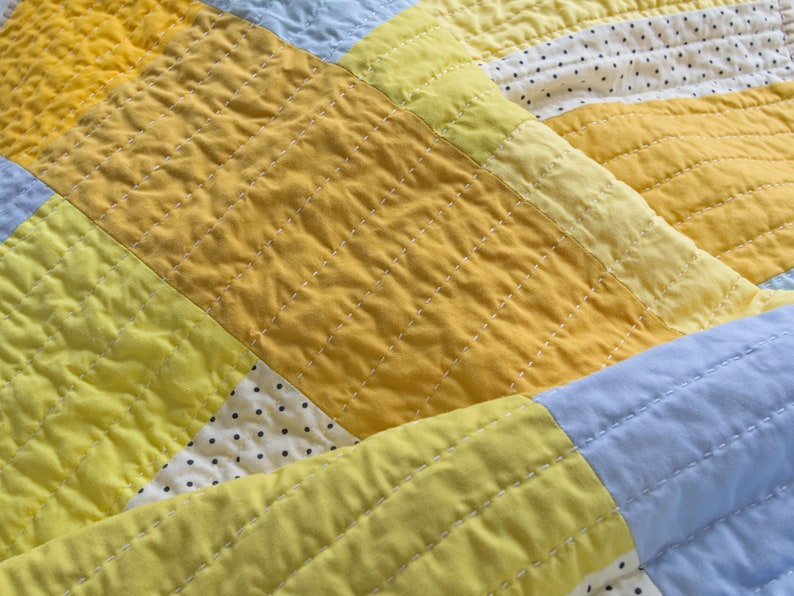 Yellow patchwork quilt, modern hand-quilted throw blanket image 6