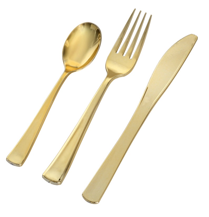 Metallic Gold Plastic Cutlery Set Disposable Flatware for 120 Guests 360 piece total image 1