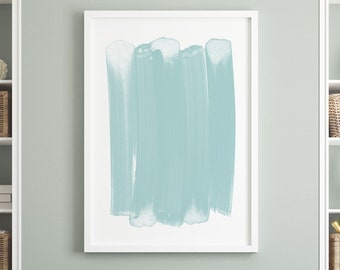 Turquoise/Aqua Blue Minimalist Abstract Brush Stroke Painting Print, Modern Coastal Wall Art, Paper or Canvas