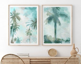 Blue Green Watercolor Palm Tree Prints Set of 2, Contemporary Coastal Wall Art, Fine Art Paper or Canvas