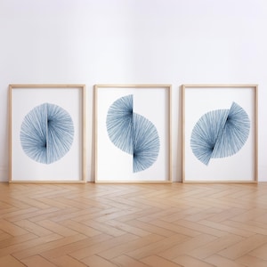 Mid-Century Modern Blue Line Art Prints - Minimalist Geometric Abstract Wall Art Set of 3