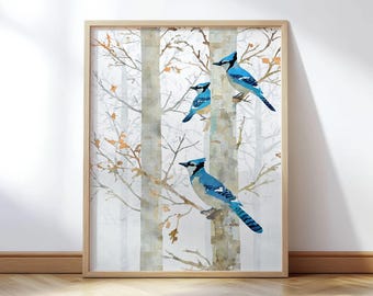 Blue Jay in Birch Forest Art Print - Watercolor Winter Bird Wall Art - Nature Illustration