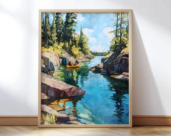 Boundary Waters Canoe Area Art Print - Blue Green Watercolor North Woods Lake Scene