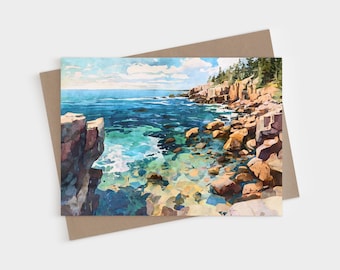 Tarjeta de felicitación del Parque Nacional Acadia - Tarjetas plegadas en blanco con acuarela de la costa rocosa de Maine