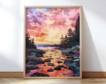 Sunset River Watercolor Print - North Woods Landscape Wall Art