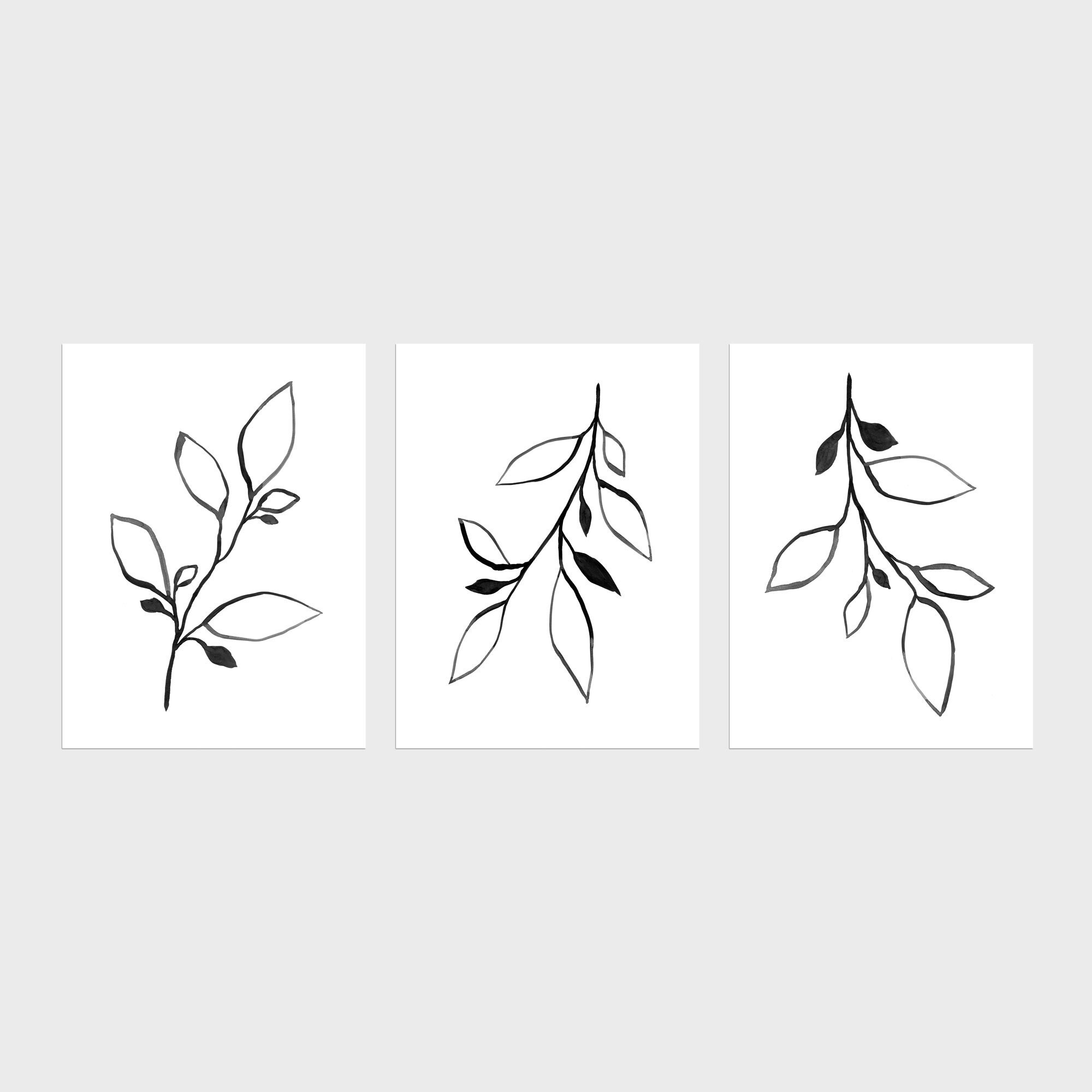 Black and White Contemporary Botanical Ink Painting Print Set | Etsy