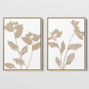 Set of 2 Neutral Beige Flower Silhouette Painting Prints - Paper or Canvas - Framed or Unframed