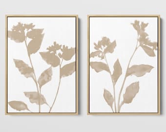 Set aus 2 Neutralen Beige Blumen Silhouette Gemälde Drucke - Papier oder Leinwand - Gerahmt oder ungerahmt