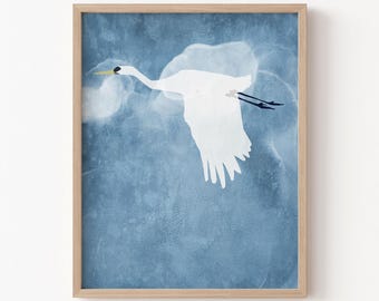 Lámina artística de grulla blanca, ave costera minimalista azul, decoración de pared de vida silvestre