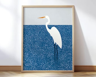 Minimalist White Egret Art Print - Blue Water Bird Illustration