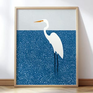 Minimalist Egret Art Print - Modern Coastal Wall Decor in Blue and White