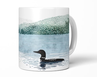 Minimalist Loon on a Lake Mug, Blue White Teal Minnesota Bird Coffee Cup