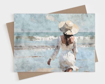 Woman in White Blank Folded Note Cards - Watercolor Beach Scene Stationery