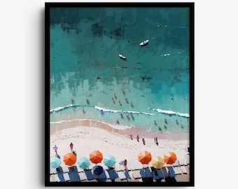 May include: A framed art print depicting an aerial view of a beach with turquoise water, white sand, and small figures swimming. The scene includes colorful beach umbrellas in orange, blue, and yellow, along with two small boats on the water.