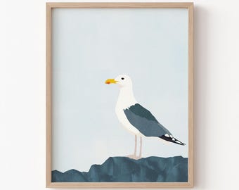 Coastal Seagull Wall Art Print - Blue and Gray Modern Minimalist Bird Illustration