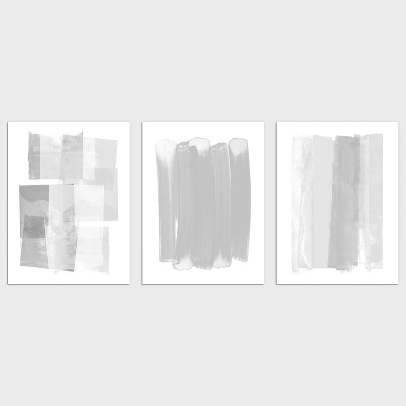 Fine Art Paper or Canvas Modern Minimalist Wall Art Grey /& White Contemporary Abstract Painting Set of 3 Prints