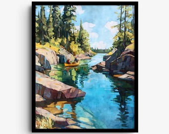 Stampa artistica dell'area canoa di Boundary Waters - Scena del lago North Woods con acquerello blu e verde