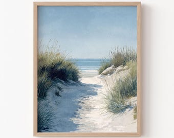 Impresión en acuarela de un sendero de dunas costeras: obra de arte playera azul y beige