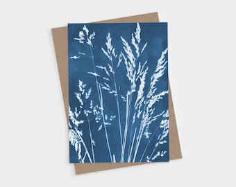 Blue Cyanotype Grass Greeting Card - Botanical Sunprint Nature Blank Folded Note Cards