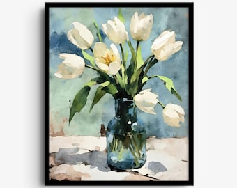 Tulipani bianchi in vaso di vetro blu, stampa di natura morta impressionista, dipinto ad acquerello