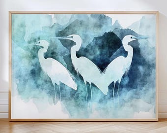 Three White Egrets Ethereal Watercolor Print - Blue Green Abstract Bird Art