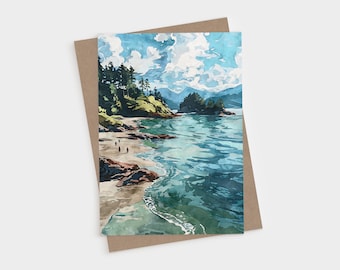 Vancouver Coastal Forest Blank Folded Note Cards - Watercolor Pacific Northwest Beach