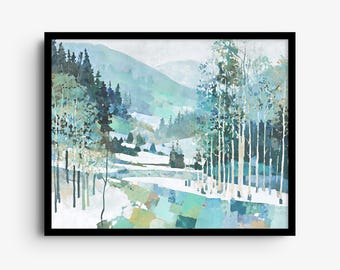 Stampa artistica ad acquerello "Aspen Grove Winter" - Paesaggio astratto moderno con montagne innevate blu e verdi.
