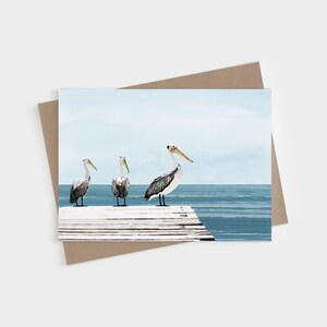 Pelican Watercolor Blank Folded Note Cards - Minimal Coastal Birds on Dock Stationery