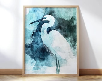 White Egret Watercolor Print - Minimalist Teal and Navy Coastal Bird Art