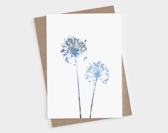 Tarjetas plegables en blanco con diseño de flor de diente de león azul - Papelería minimalista botánica en acuarela