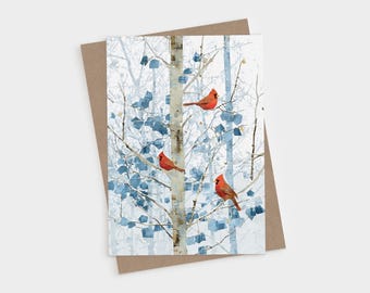 Winter Cardinals in Aspen Trees Blank Folded Note Cards - Red Bird Greeting Card
