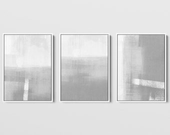 Grey and White Modern Minimalist Abstract Landscape Set of 3 Prints - Paper or Canvas - Framed or Unframed