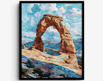 Stampa artistica di un delicato arco, acquerello del Parco Nazionale dello Utah nei toni del turchese, blu e ruggine.