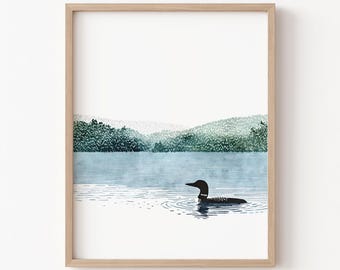 Lámina artística de colimbo común - Fauna lacustre minimalista - Ilustración de naturaleza en tonos azules y verdes